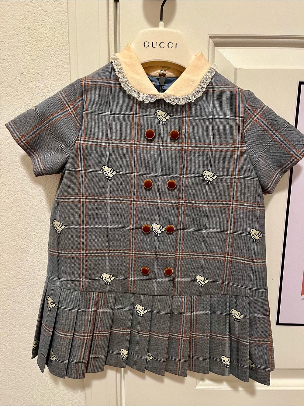 Gucci Girls Plaid Bird Embroidered Dress Size 80cm